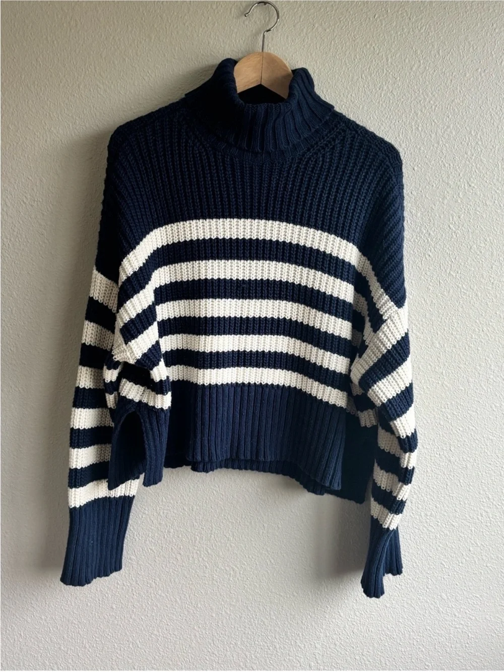 Cotton Striped Navy and White Turtleneck Sweater